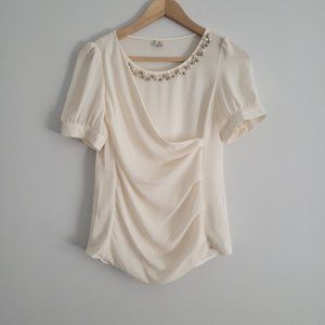 WOMENS IVORY SHORT SLEEVE BEADED BLOUSE